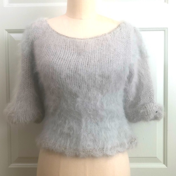 Vintage ‘80s Fiddlestix Cropped Soft Fuzzy Blue Gray Sweater Size Small - Picture 1 of 14